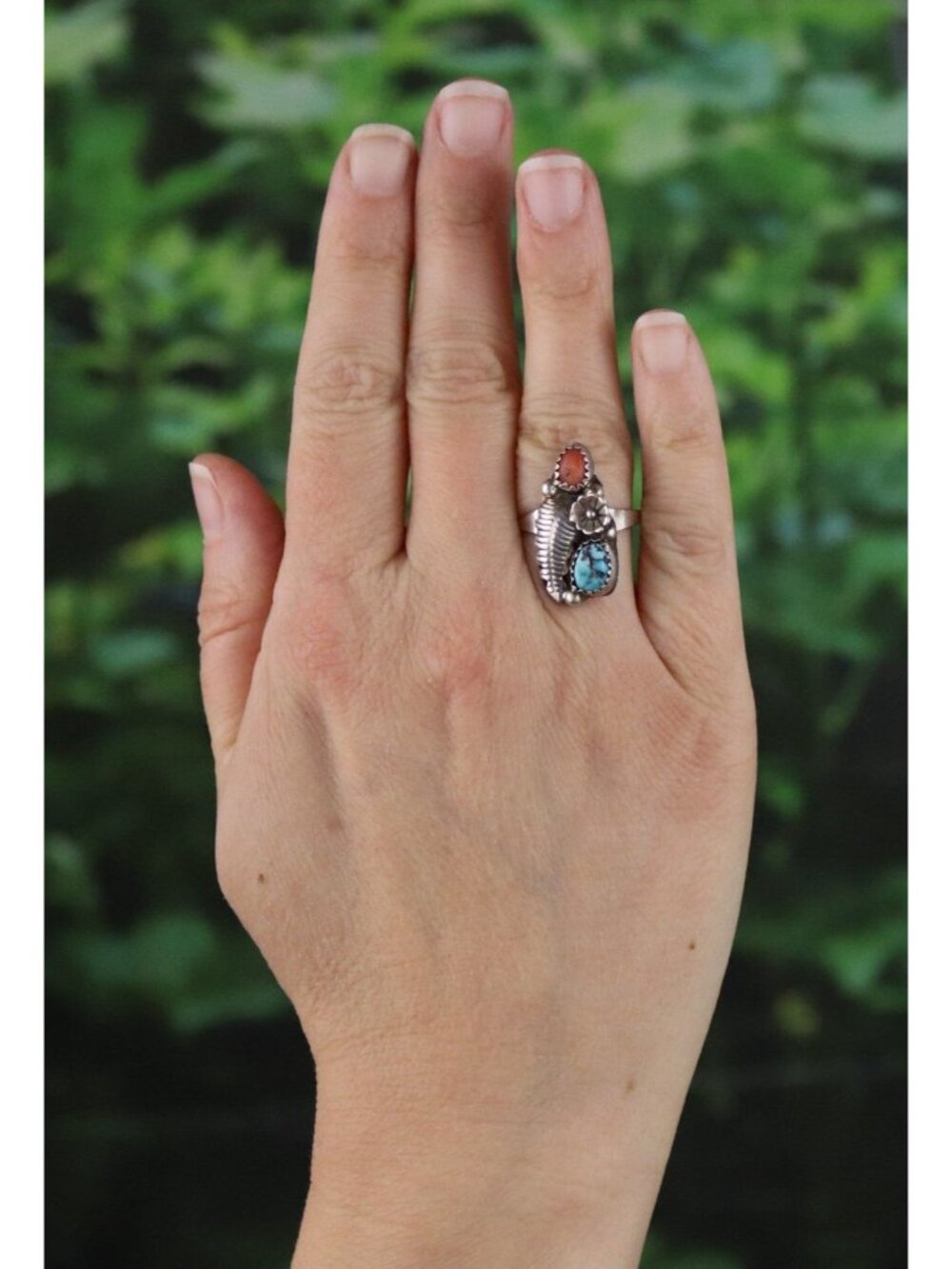 Sterling Silver Natural Turquoise & Coral Ring Size 7 3/4 - Picture 2 of 7